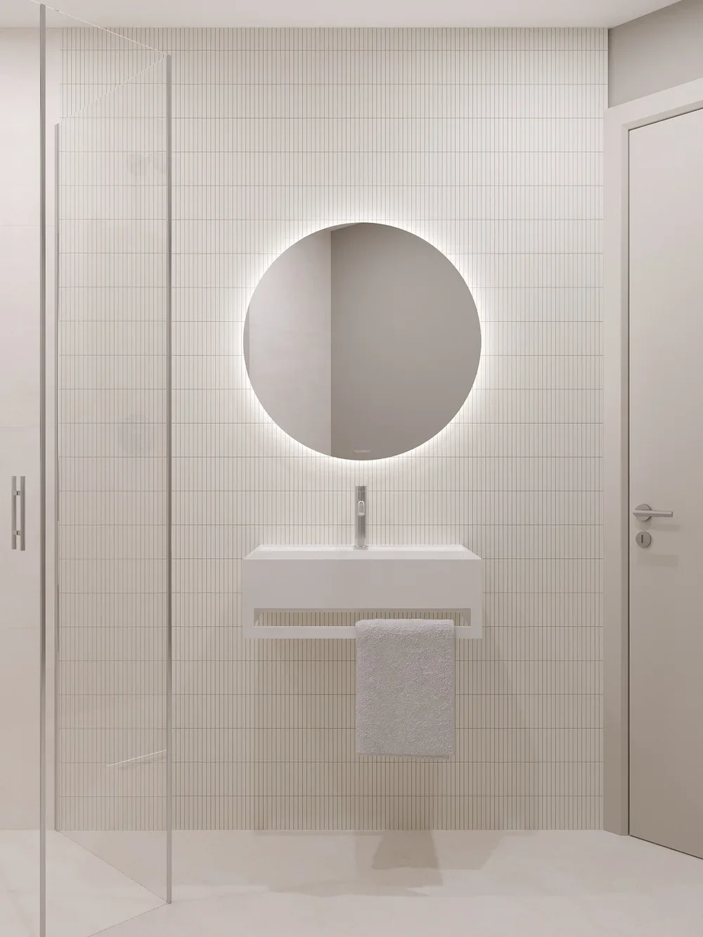 Powder room with round backlit mirror