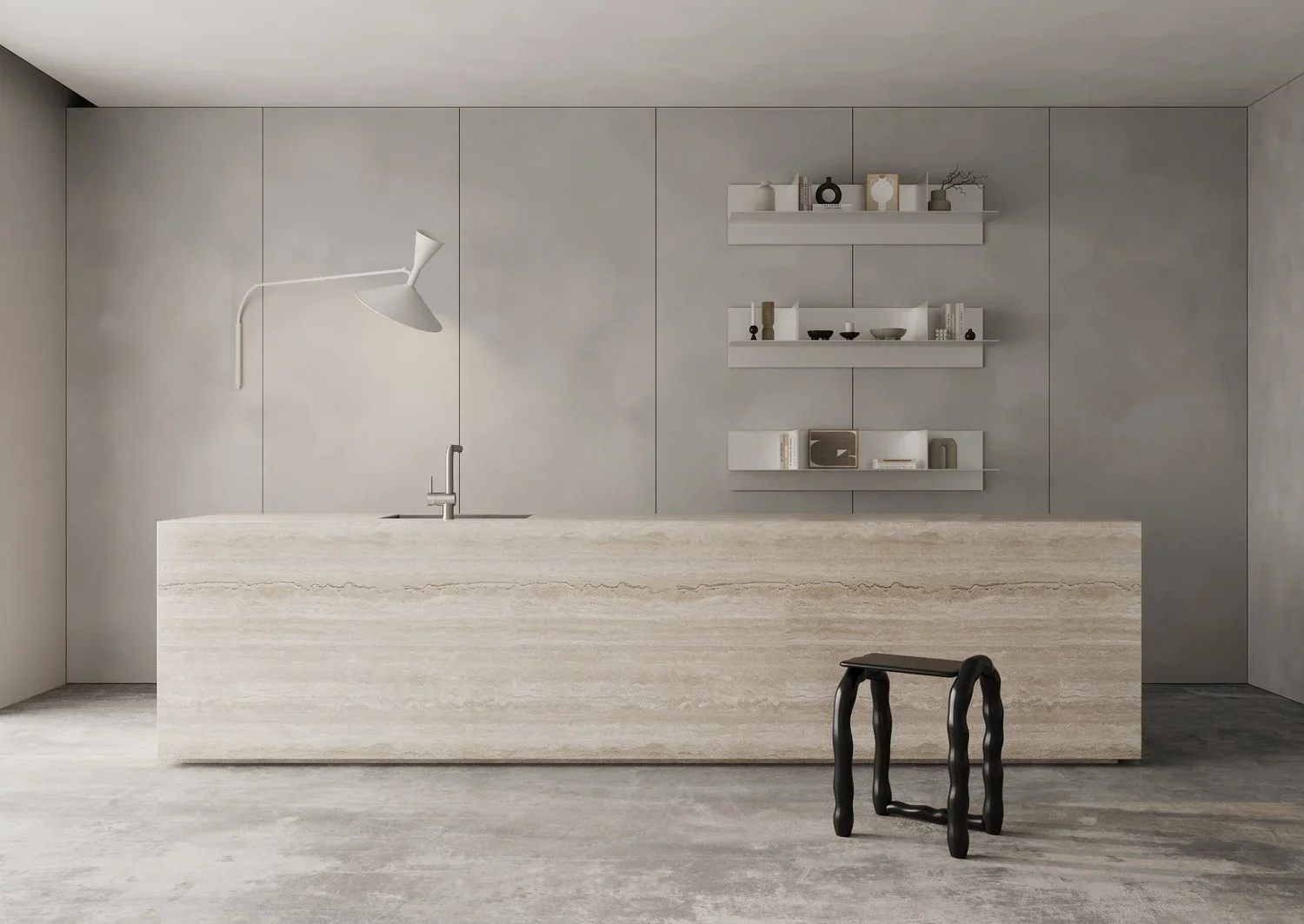 Minimalist kitchen counter with wall shelving