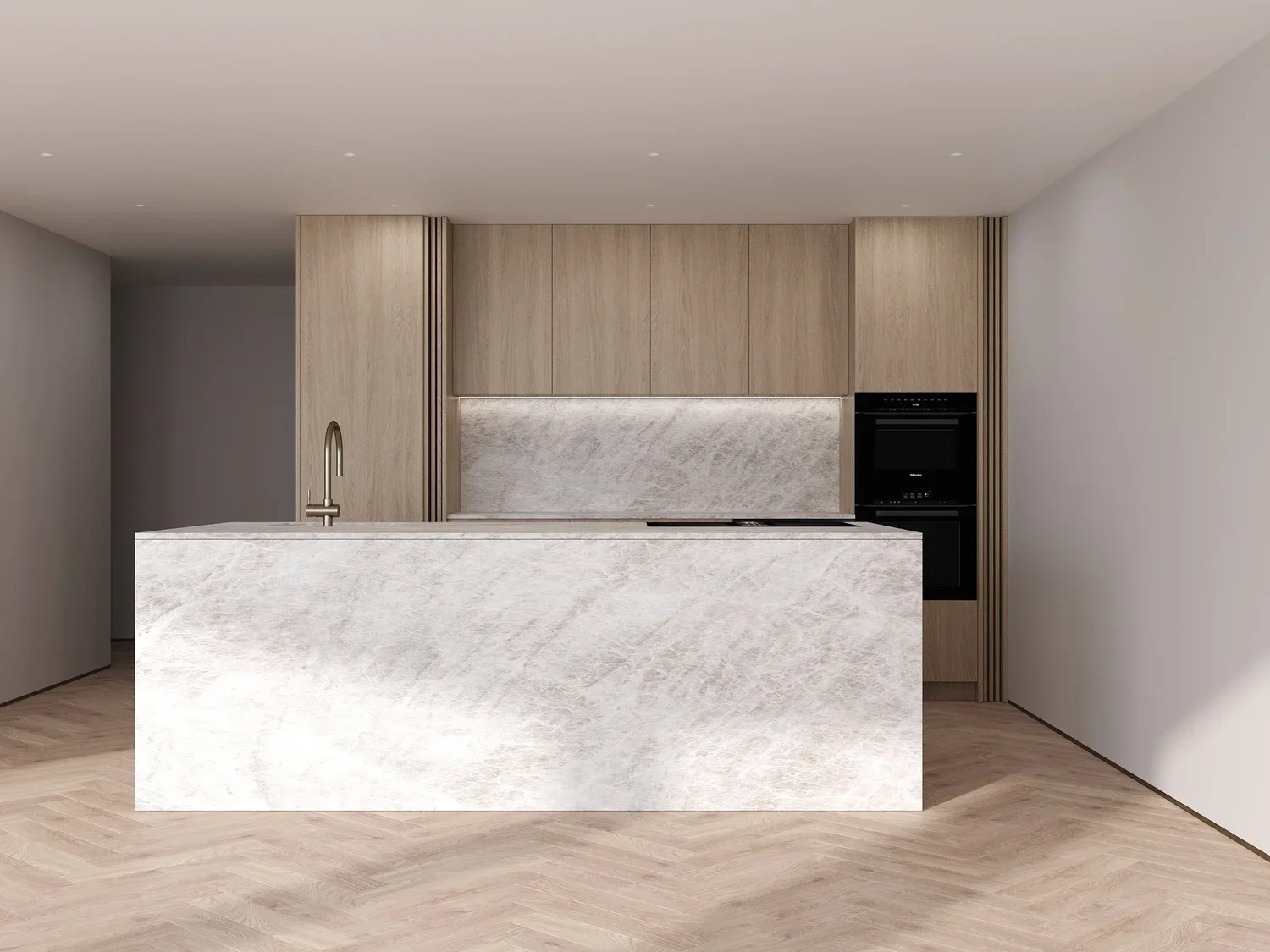 Marble kitchen island with wood cabinetry