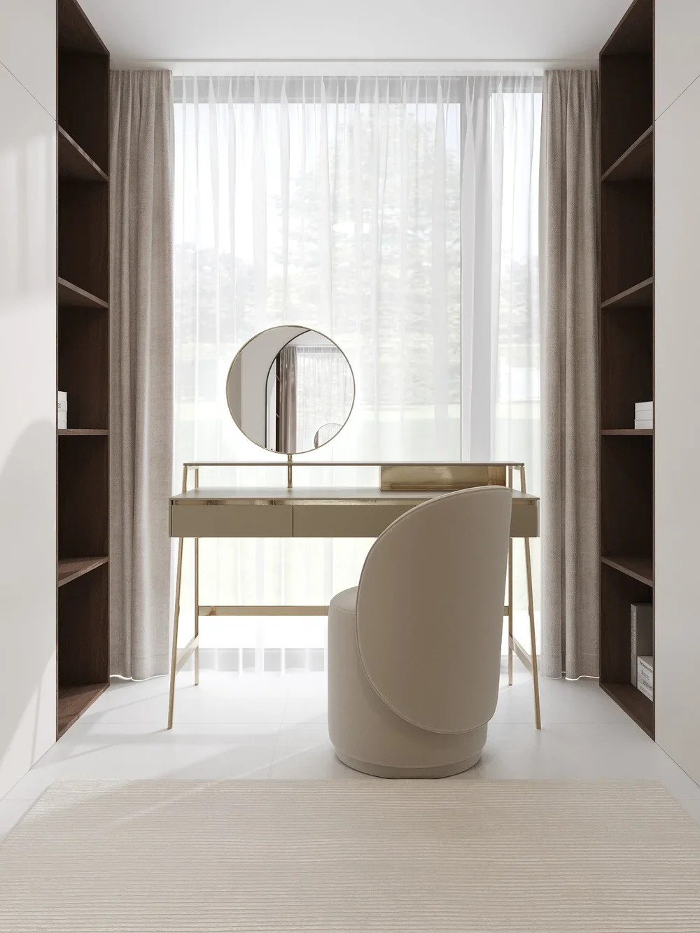 Vanity desk with round mirror