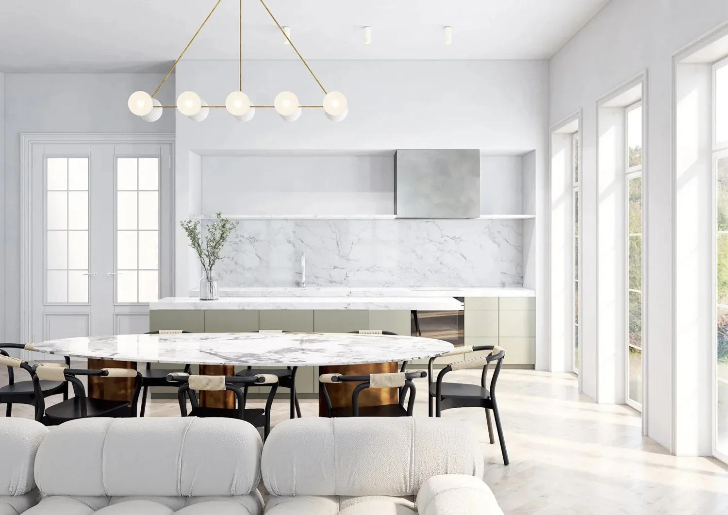 Marble kitchen island with pendant lighting, Zurich interior design