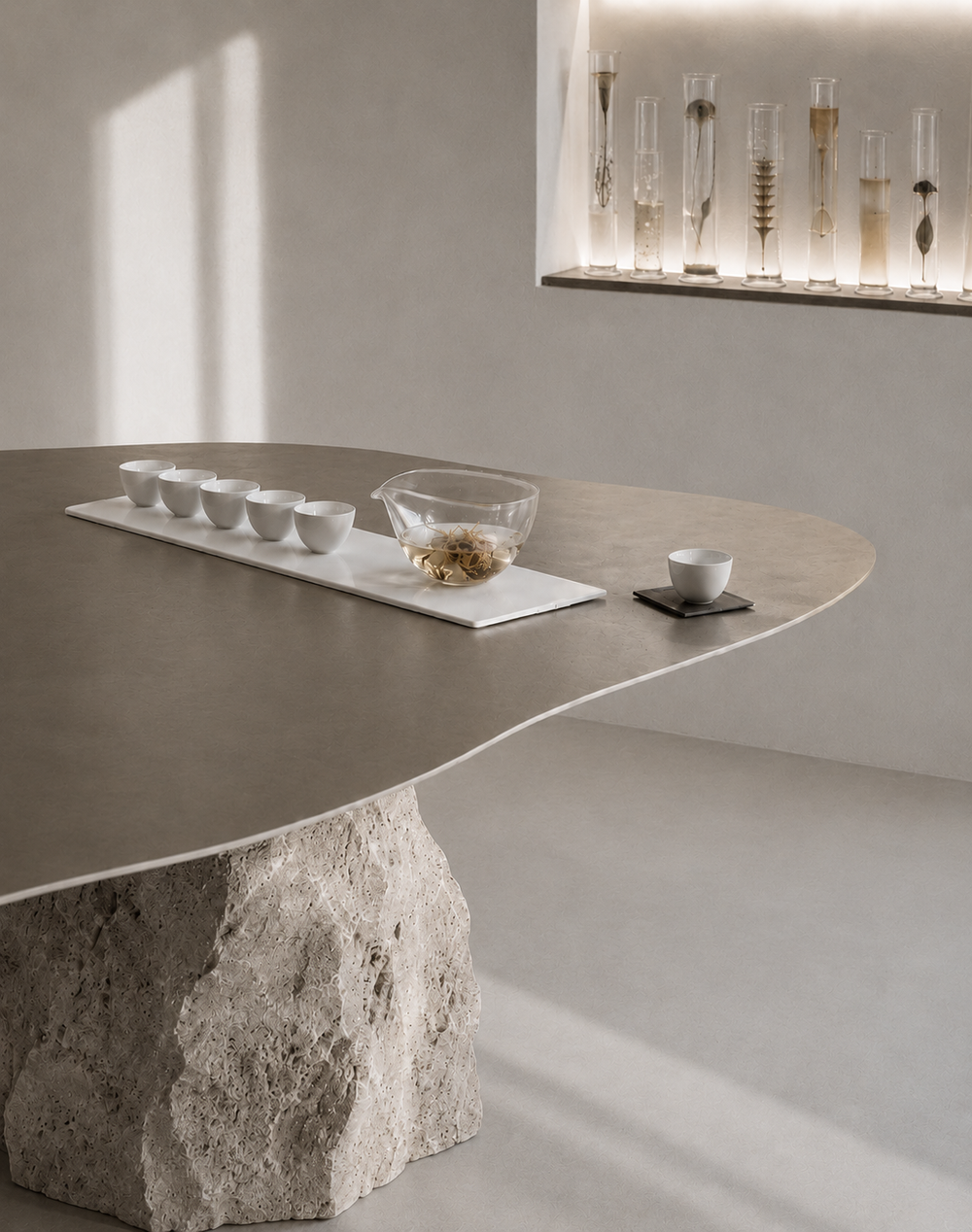 Stone table detail with tea set