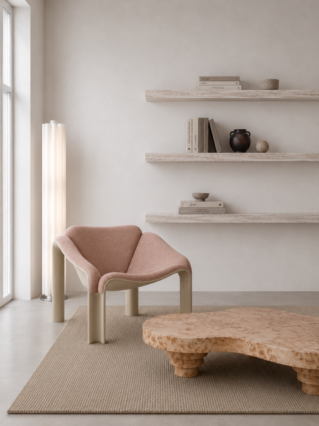 Reading nook with travertine shelving