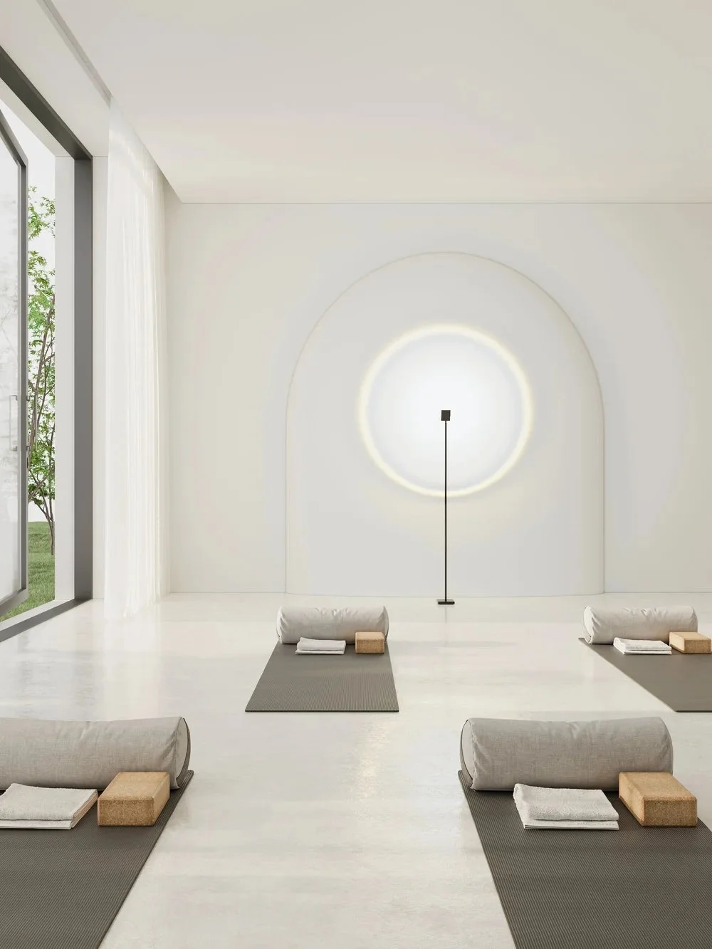 Yoga studio with arched wall and floor lighting, Zurich wellness space design