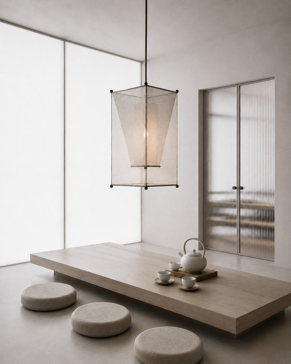 Low seating tea room with pendant lantern