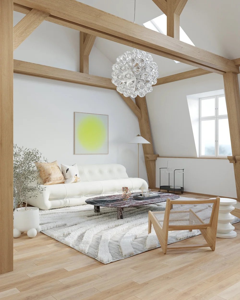Attic living room with wood beams, Zurich
