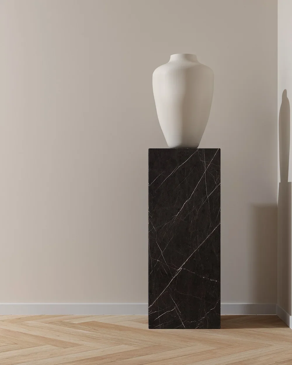 Sculptural vase on marble pedestal