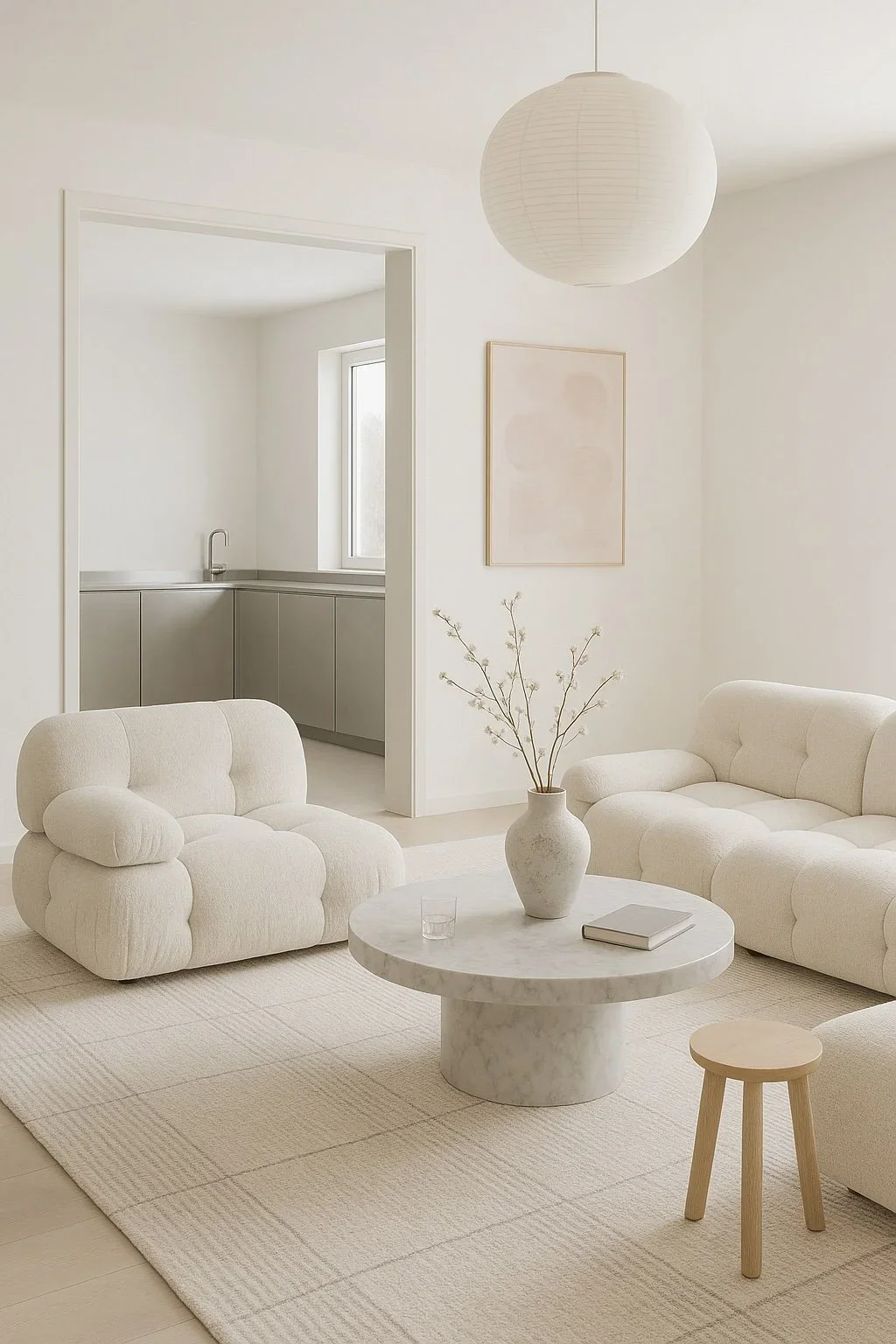 Cream living room with marble coffee table