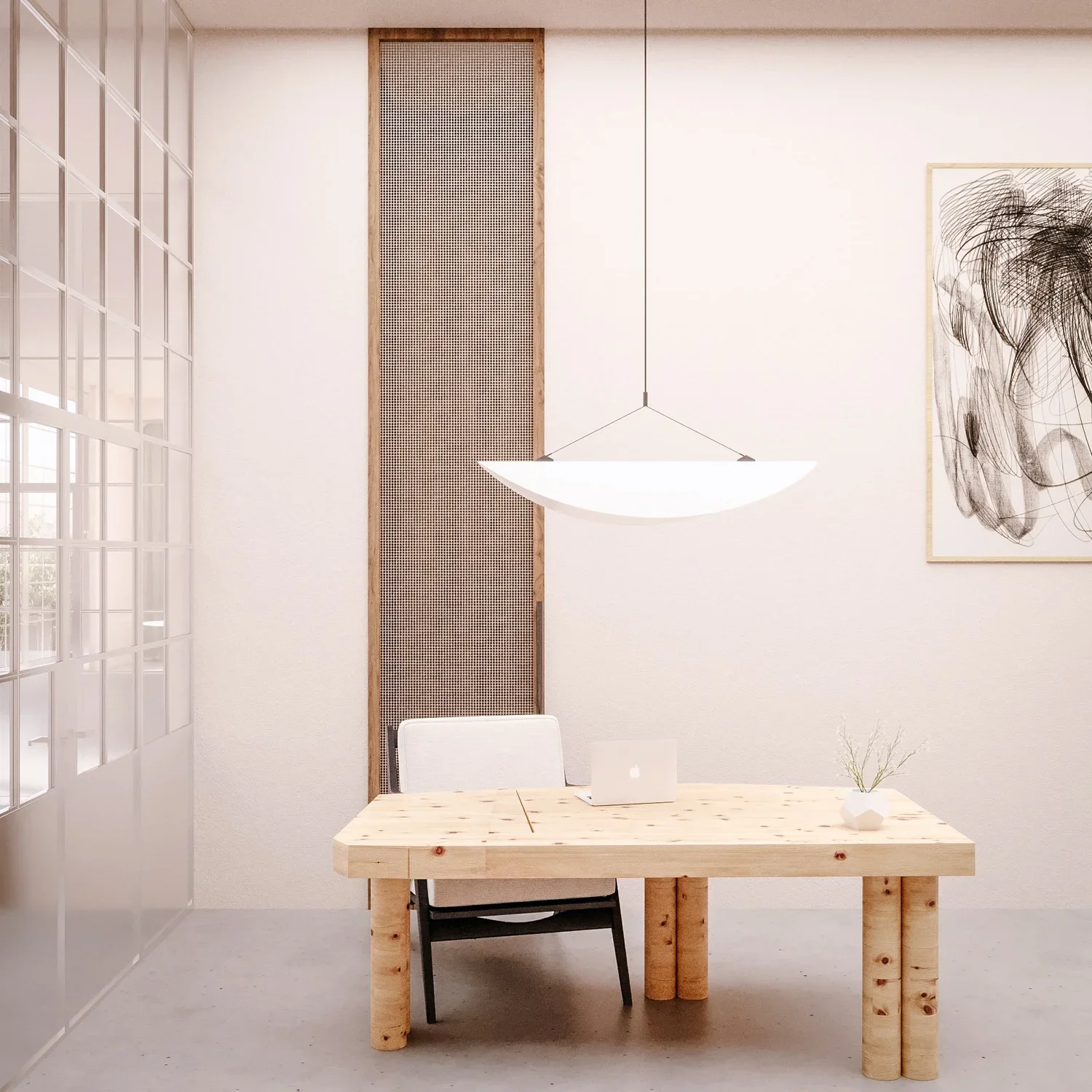 Sculptural office desk with pendant light, London