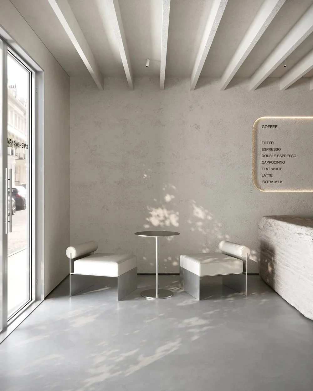 Café interior with metal stools