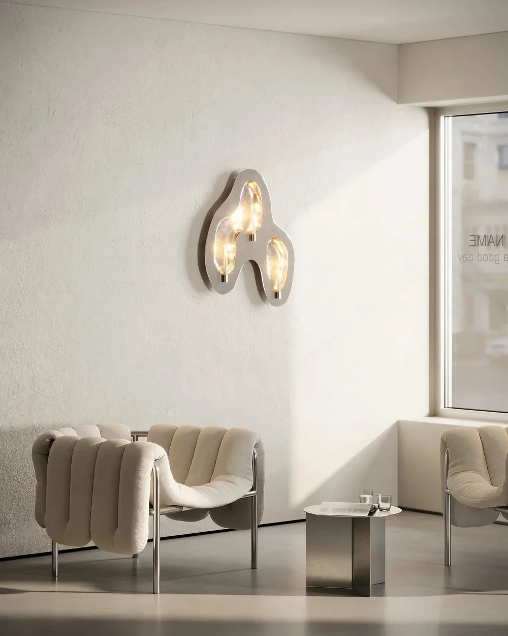 Café seating area with sculptural wall light
