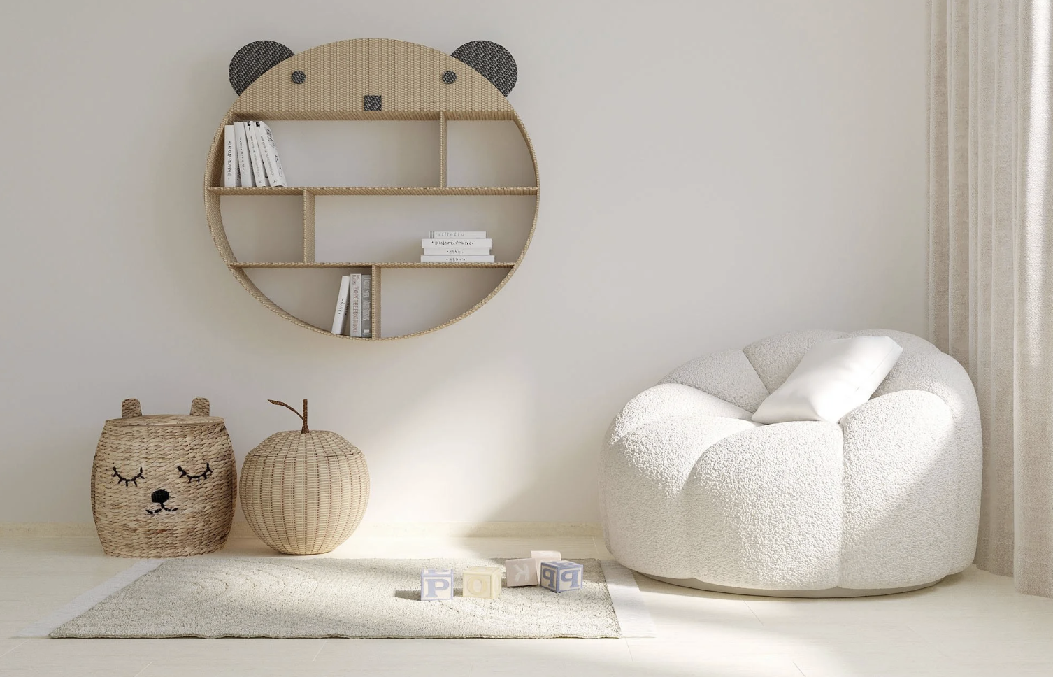 Round bear-shaped bookshelf, children's room, Erlenbach