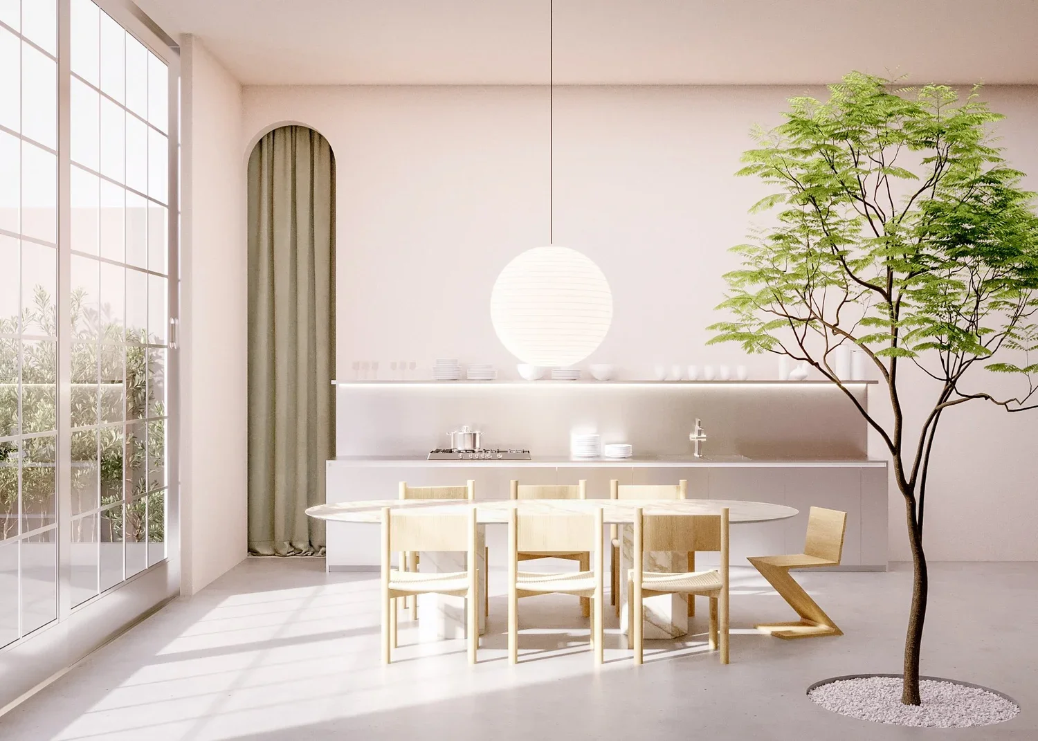 Dining room with sculptural wooden chairs, London office