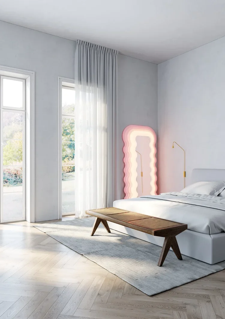 Bedroom interior design with pink accent wall panel, Zurich residential project