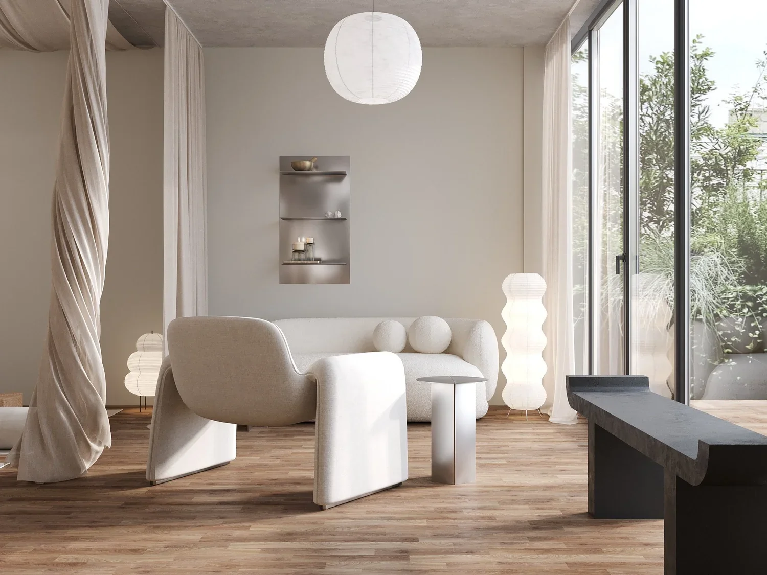 Wellness lounge with draped curtains