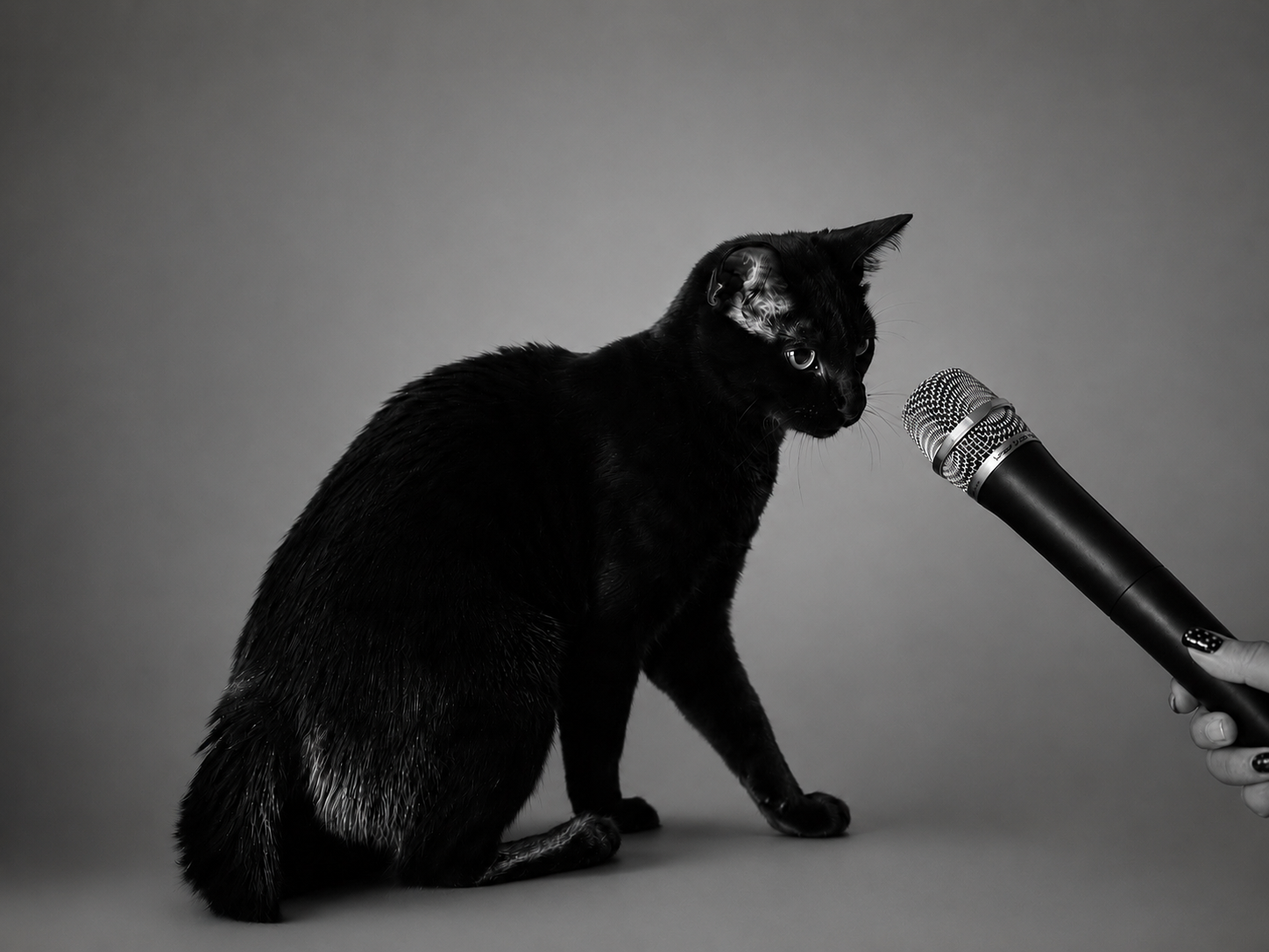 A black cat sitting in front of a gray background, looking at a microphone held by a person with painted nails.