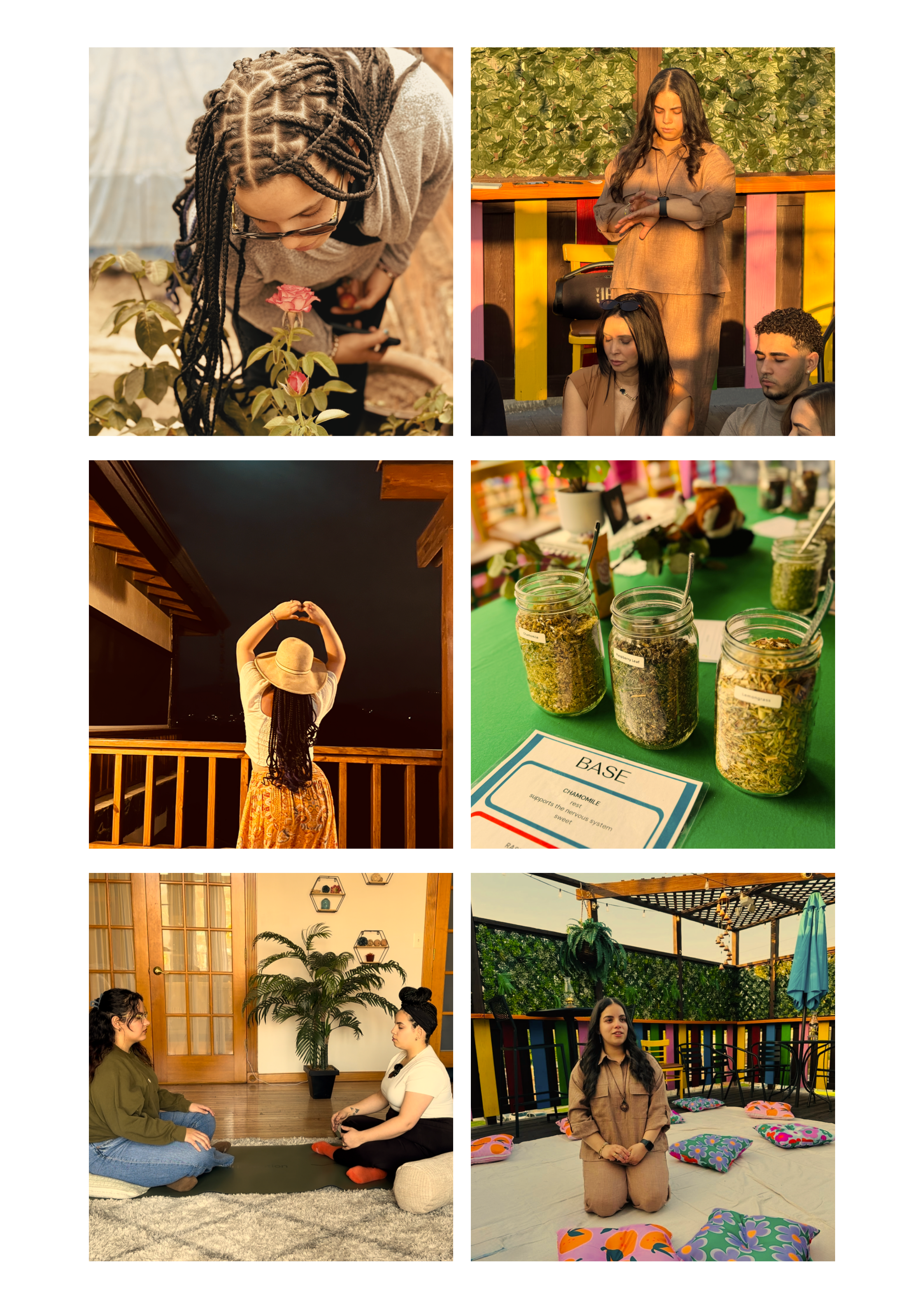 A collage of six images: the top left shows a woman with braided hair smelling a plant; the top right shows a woman with long dark hair and closed eyes in an outdoor setting with people sitting and standing behind her; the middle left shows a woman with curly hair and a straw hat making a heart shape with her hands at night outdoors; the middle right shows jars of herbs and a herbal support chart on a table at a market or stall; the bottom left shows two women sitting on the floor in meditation or conversation inside a room with wooden walls and plants; the bottom right shows a woman with long dark hair sitting on a decorated outdoor stage or patio with cushions and hanging plants.