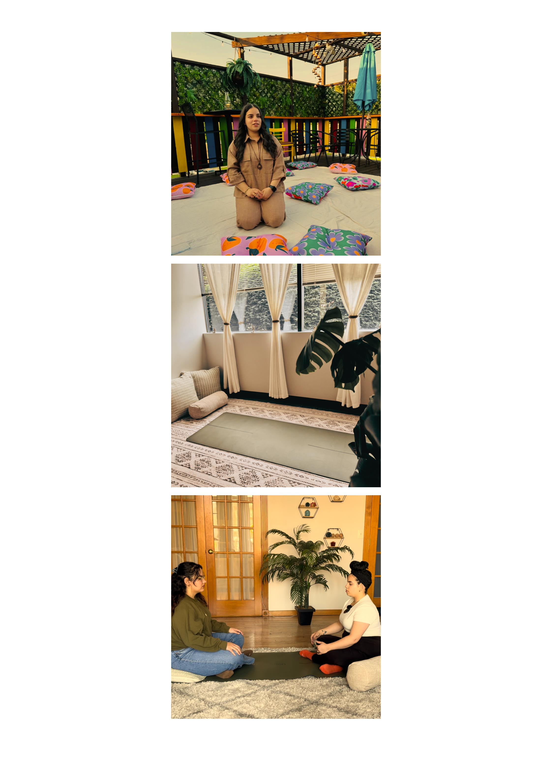 Two women sitting cross-legged on the floor facing each other in a room with wood floors, a large houseplant, and wooden wall decor, engaging in a quiet conversation or meditation.
