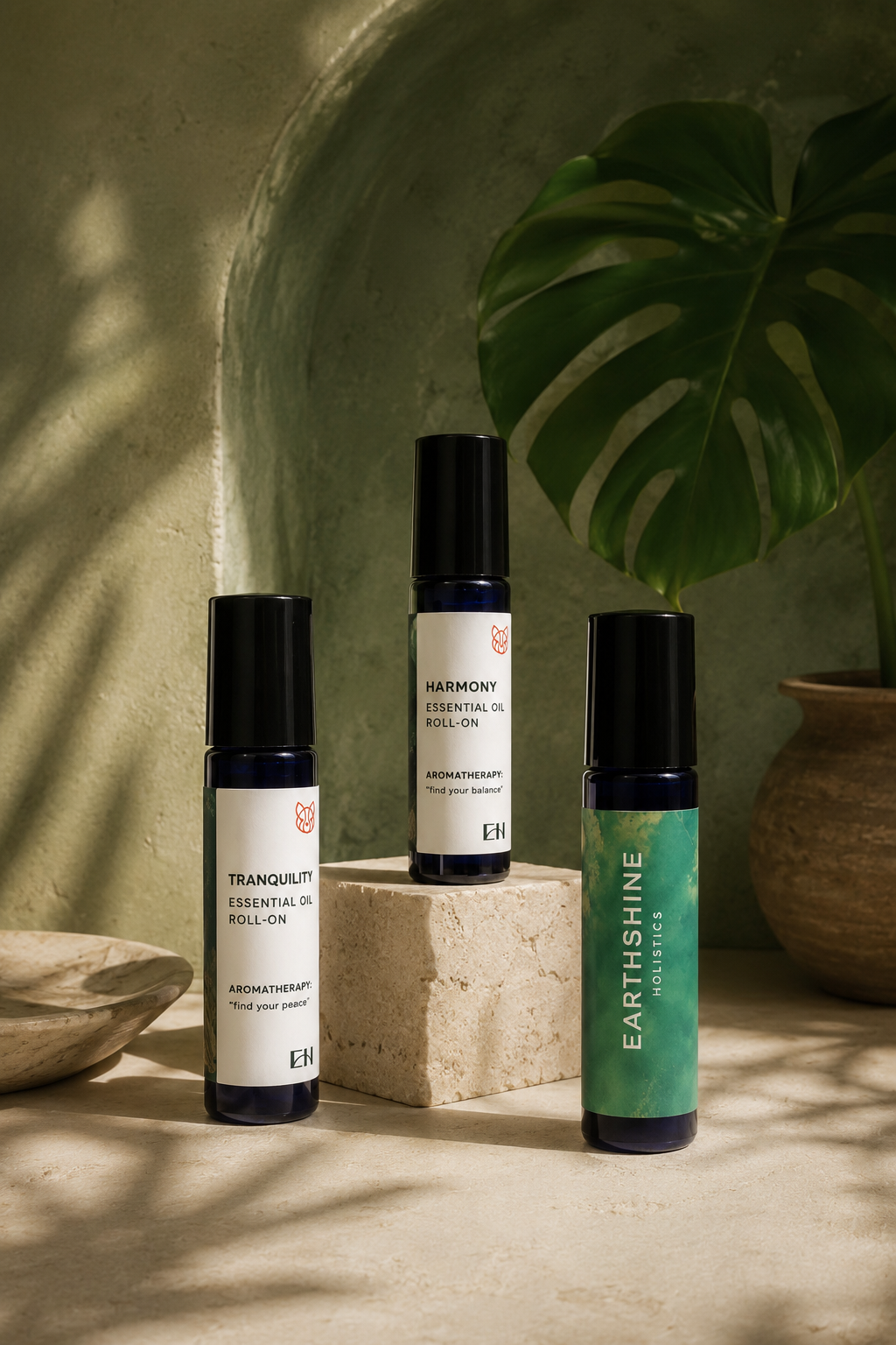 Three essential oil roll-ons with labels: Tranquility, Harmony, and Earthshine, placed on a stone surface with a large green monstera leaf and a clay pot in the background, in natural lighting.