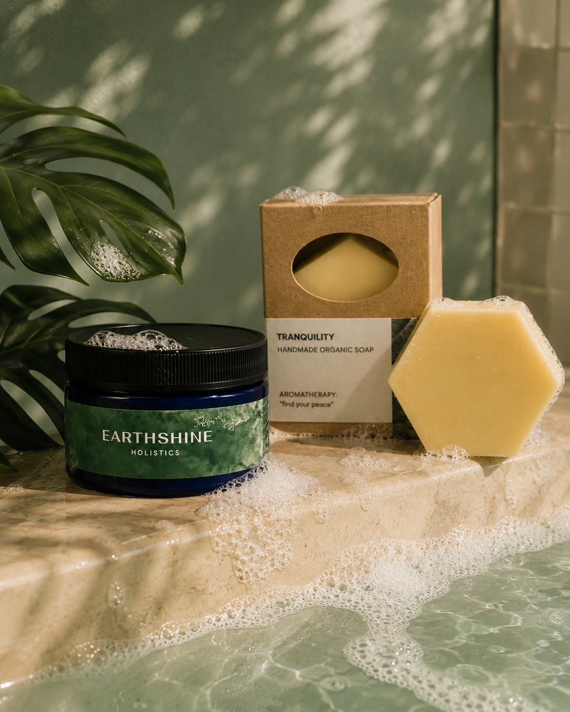 Natural soap and body care products on a stone edge next to a pool with soap suds and green leafy plants in the background.