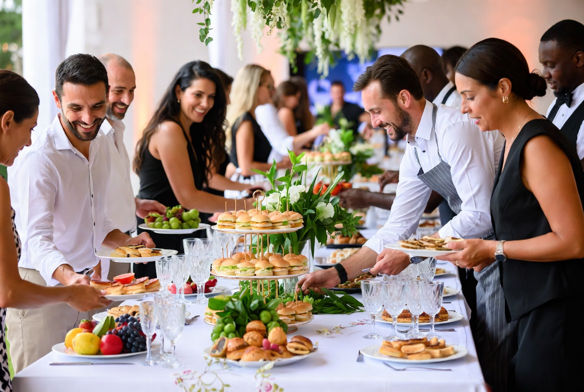 People serving themselves food at a buffet table with sandwiches, fruit, and desserts, at a celebration or event.