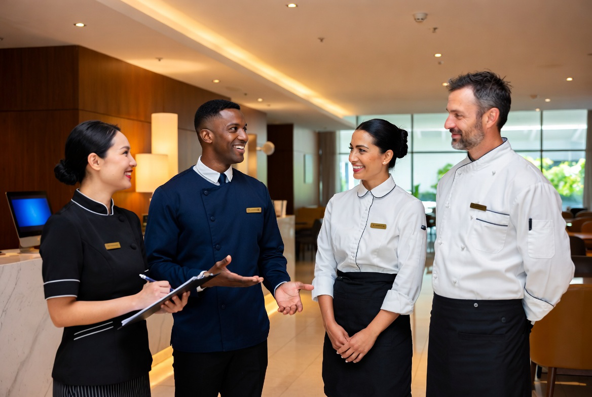 Four hospitality staff members, two women and two men, are smiling and talking in a modern restaurant or hotel lobby.