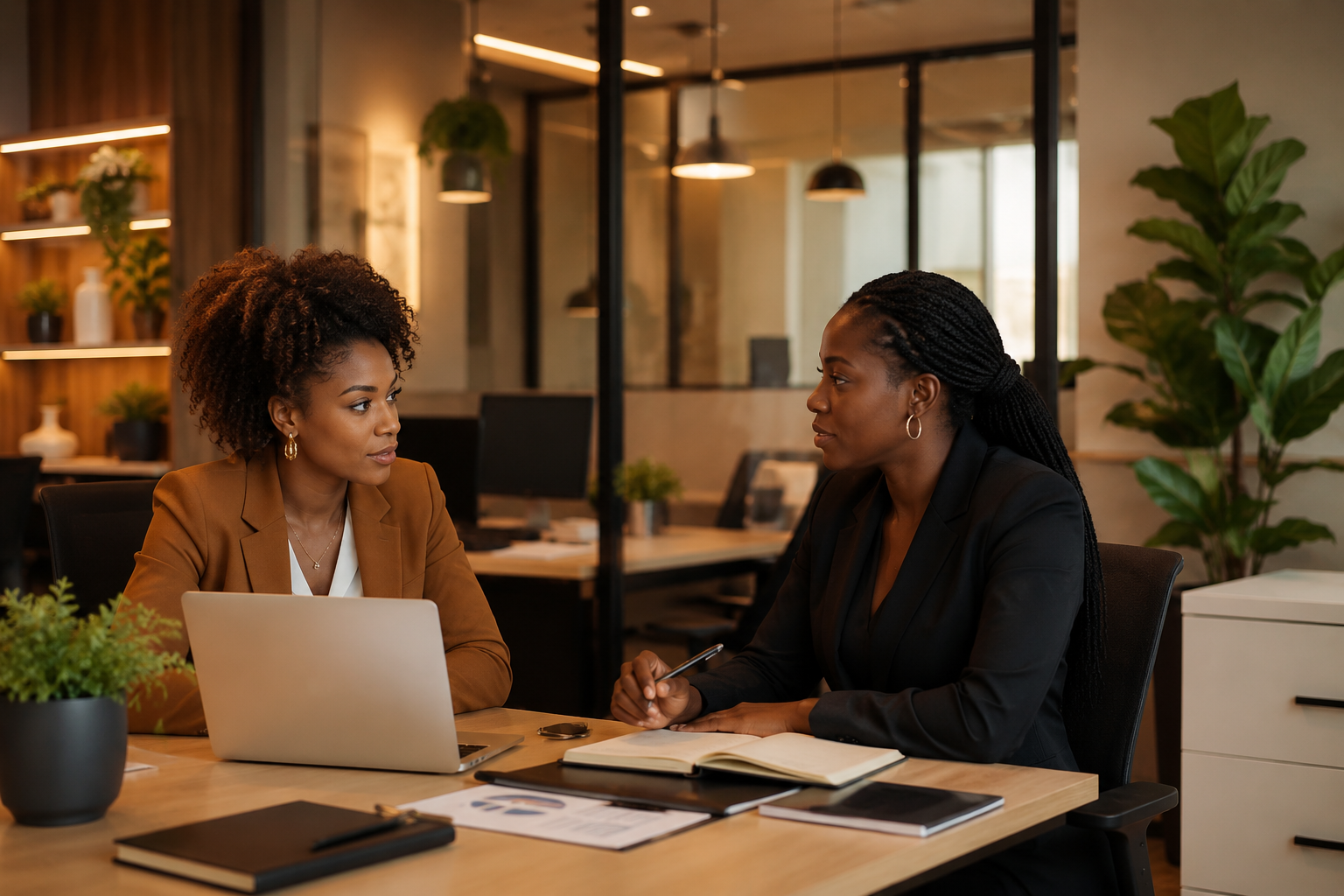 Two women having a business meeting in an office, sitting at a wooden table with laptops, notebooks, and documents, with plants and office equipment in the background.