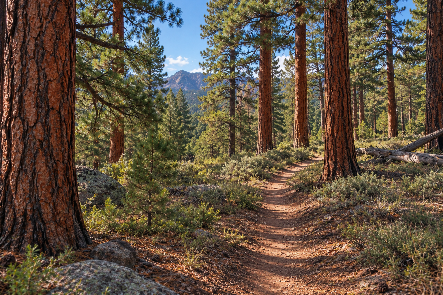 A dirt trail winds through a forest of tall pine trees with mountains in the background under a blue sky with some clouds.