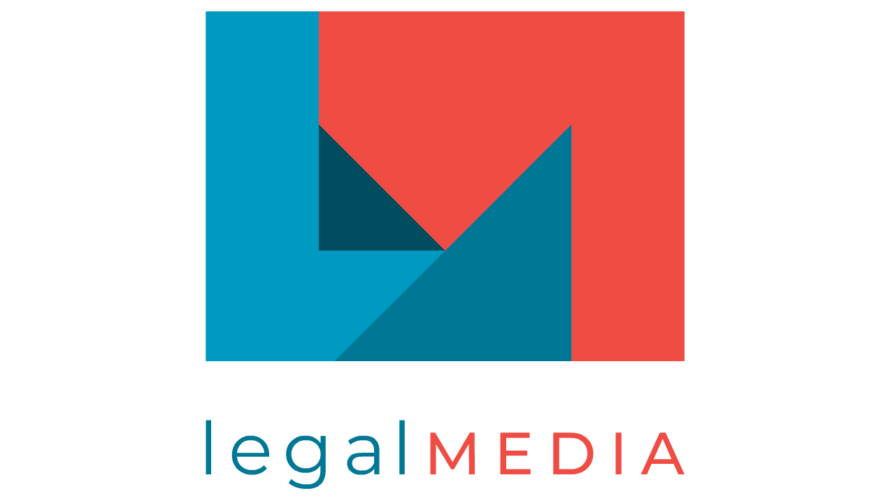 Logo of legalMEDIA featuring a geometric design with red and blue colors and the company name below.