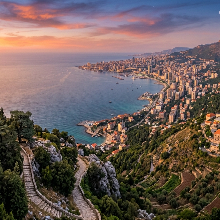 Aerial view of a coastal city at sunset, showing high-rise buildings along the waterfront, a curved shoreline, and terraced hillsides with greenery and houses.