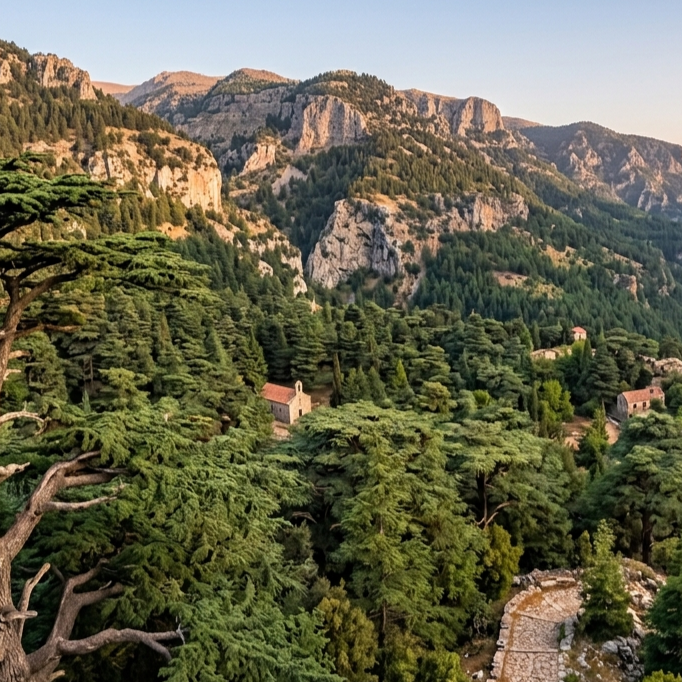 A lush green landscape with tall evergreen trees and small houses with red roofs, set against a backdrop of rocky mountains and a clear sky.