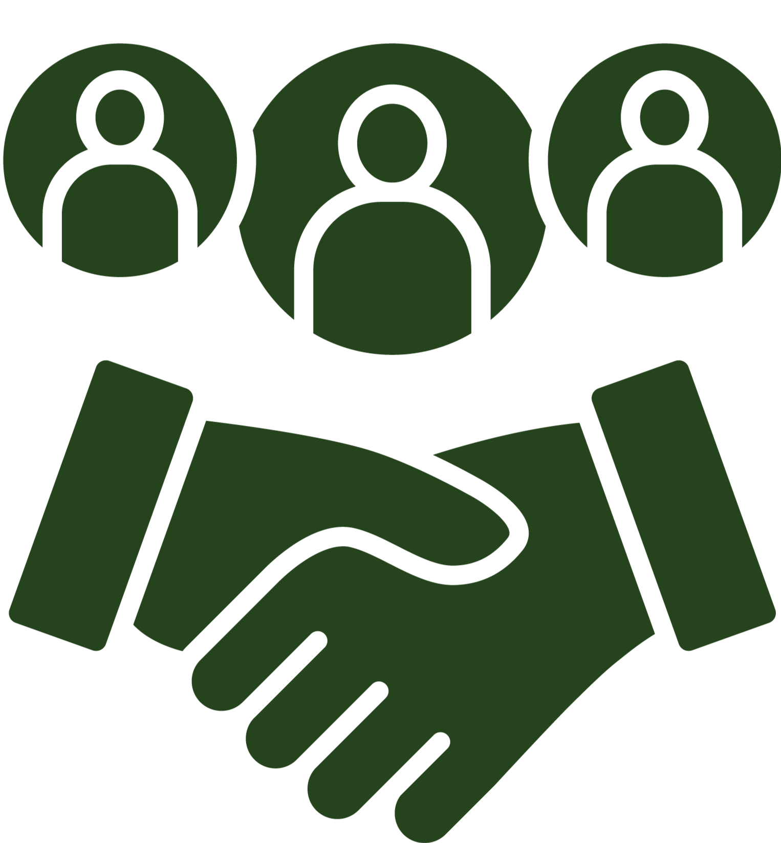 A stylized drawing of two hands shaking, with three human figures above them in green circles, symbolizing unity and cooperation.