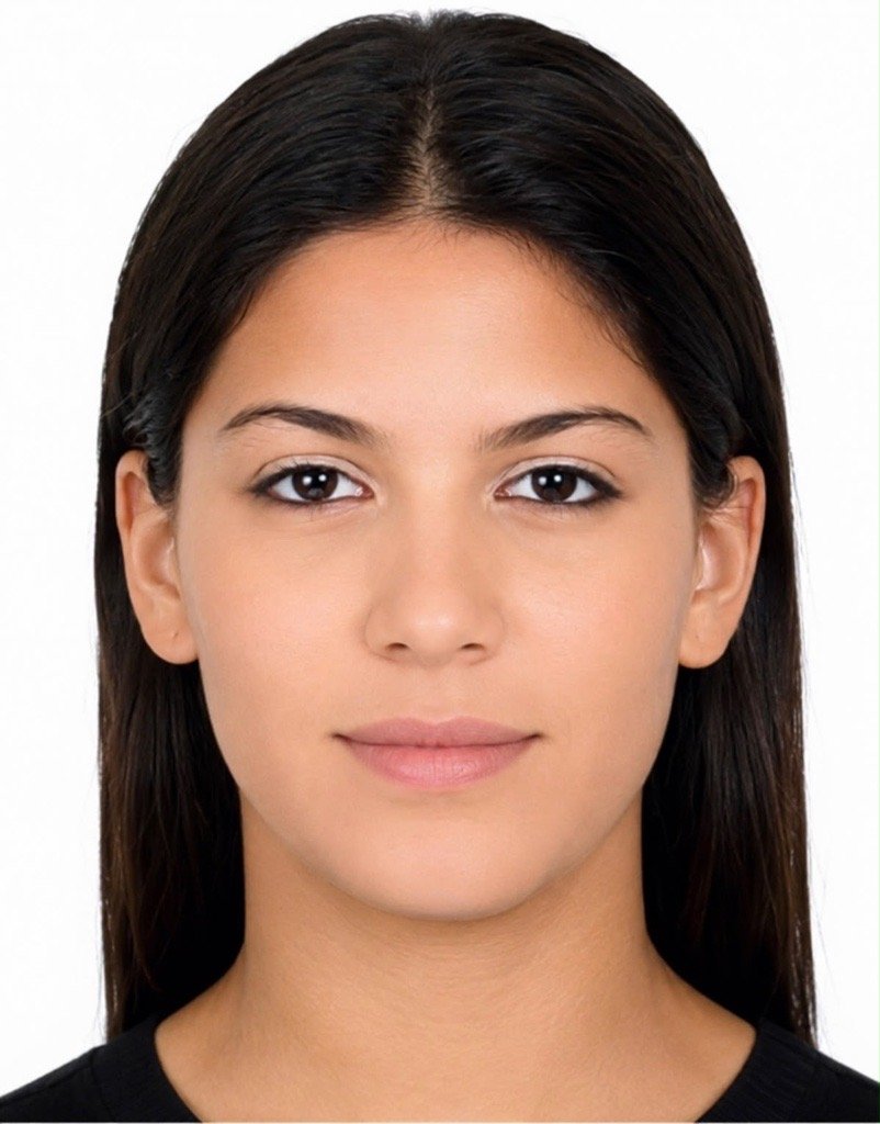 Close-up portrait of a young woman with long dark hair and light skin, looking directly at the camera with a slight smile, wearing a black top.