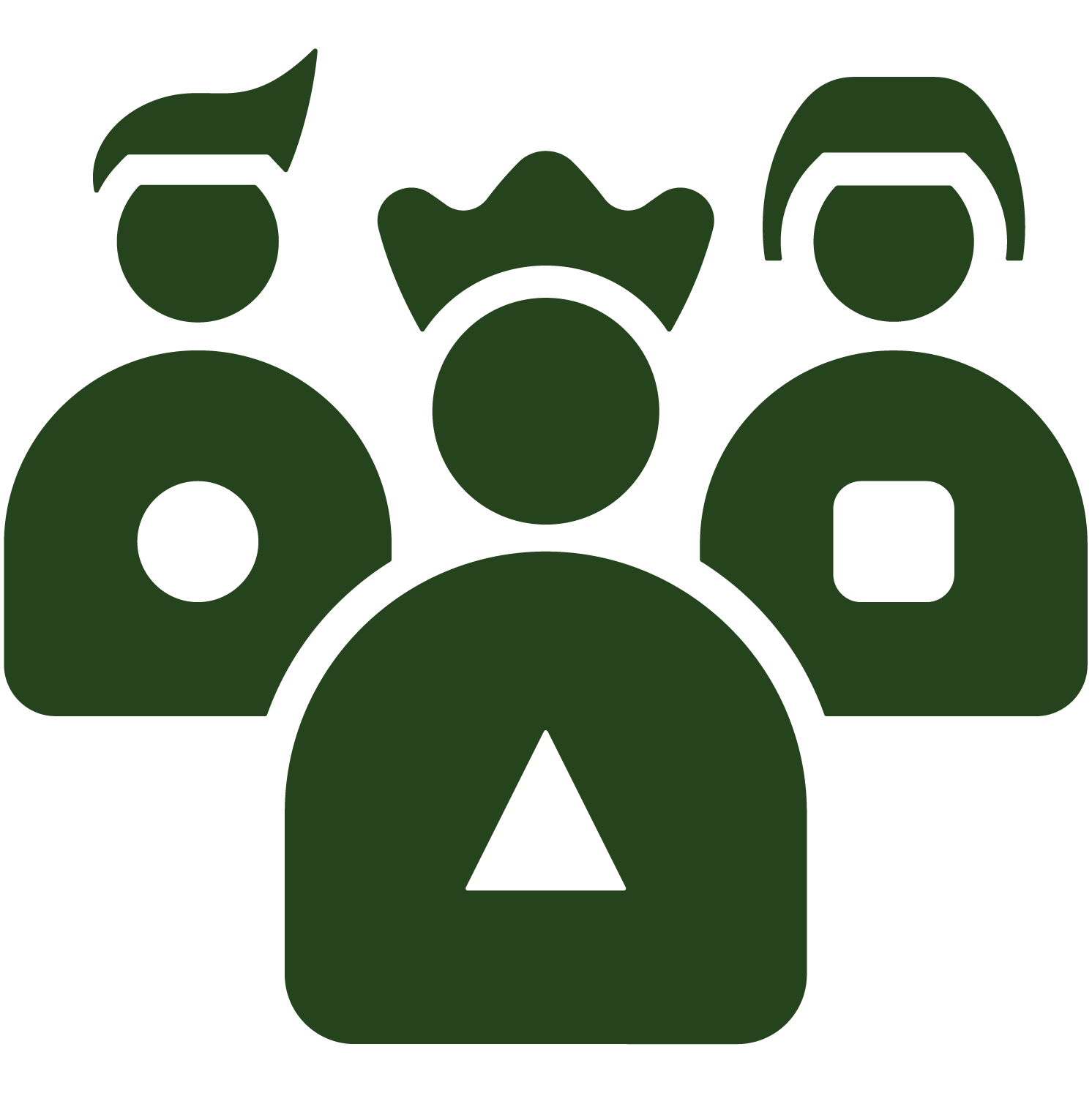 Silhouette of six diverse people icons arranged in a pyramid formation, representing community or teamwork.