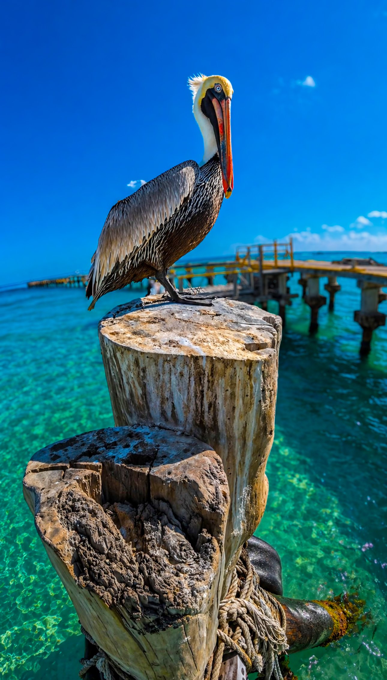 A pelican is perched on a weathered wooden piling by the ocean, with a pier extending into the water in the background under a clear blue sky.