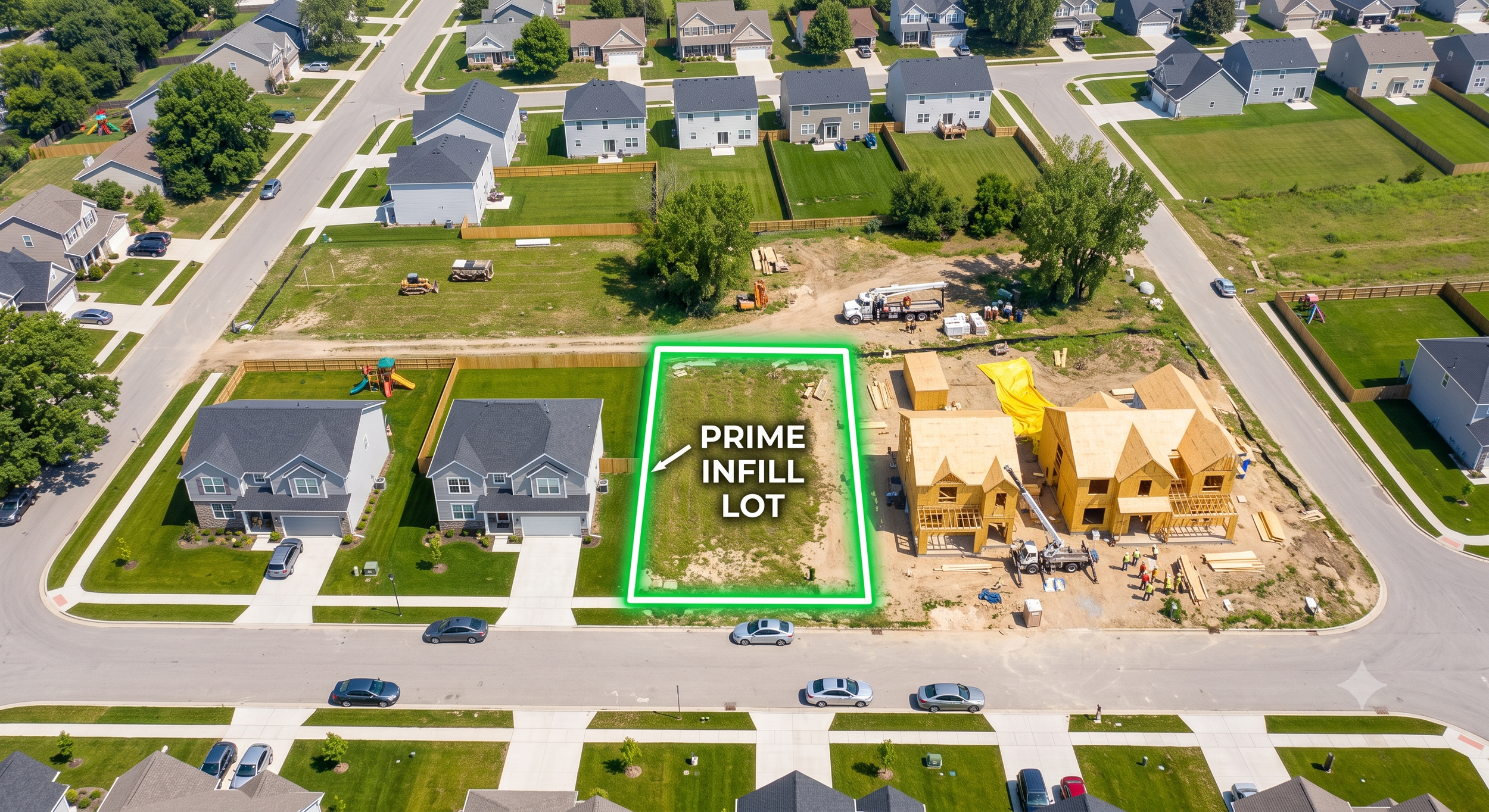Aerial view of a residential neighborhood with several houses, some under construction. There is a plot labeled 'Prime Infill Lot' marked with a green outline, and construction workers are visible near the new houses. The neighborhood has well-maintained lawns, trees, roads, and parked cars.