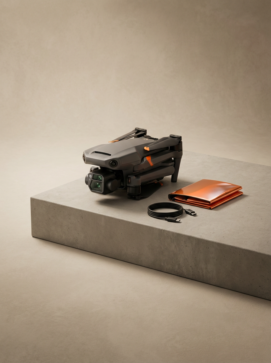 Black drone with camera, orange folder, and black cables on a concrete block against a beige background.
