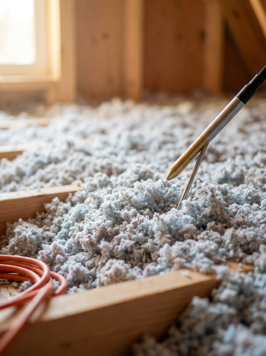 A metal probe sticking into a pile of insulation foam in an attic under natural light.
