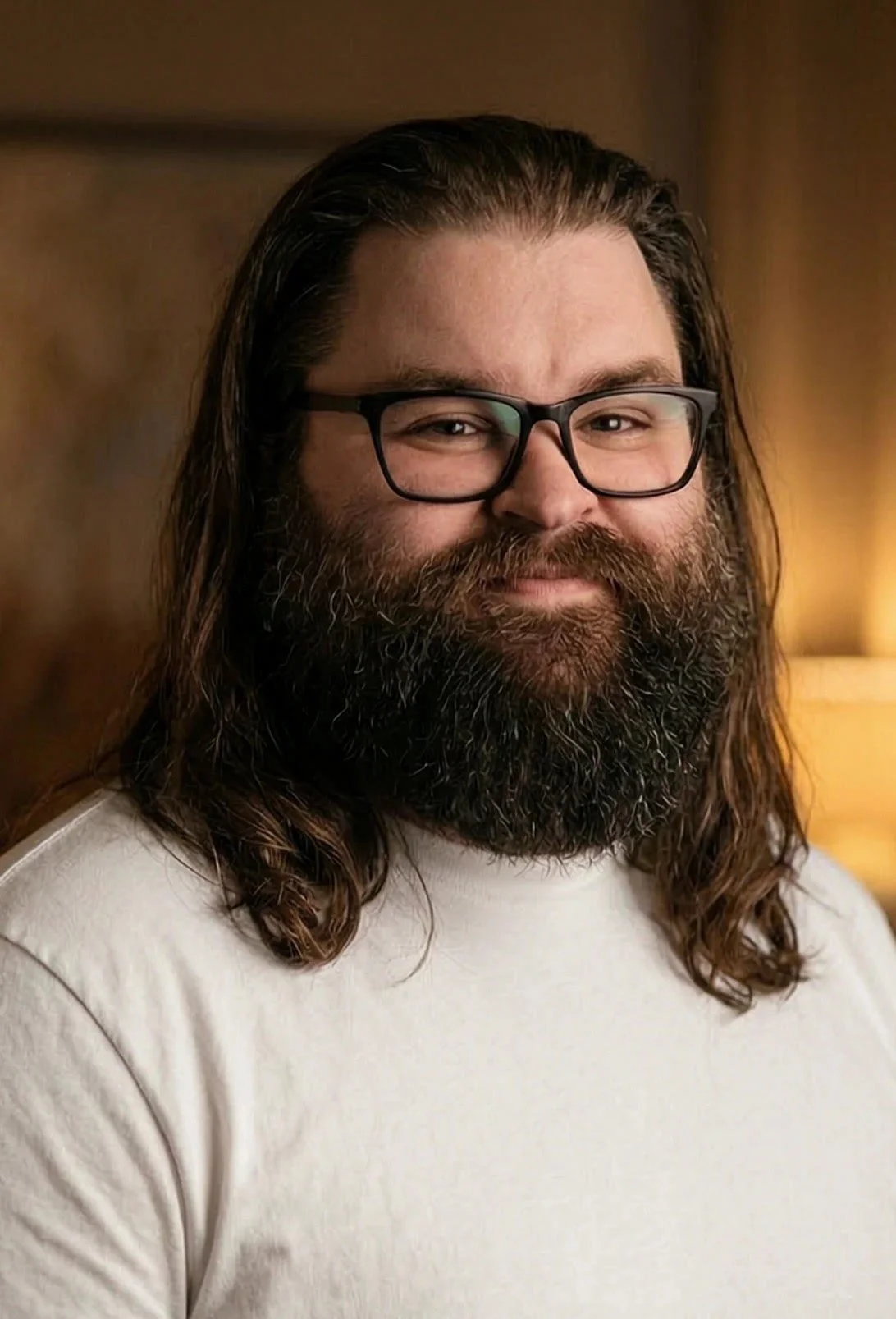A man with long brown hair, a full beard, glasses, and wearing a white T-shirt.