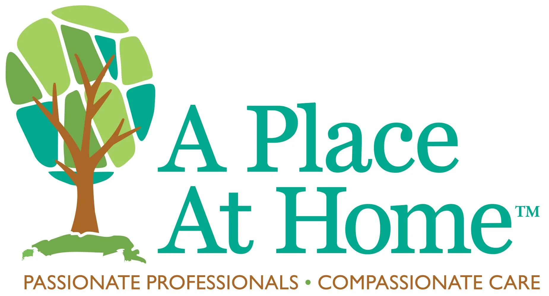 Logo for A Place At Home featuring a stylized tree with green and teal leaves and a brown trunk, and tagline 'Passionate Professionals. Compassionate Care.'