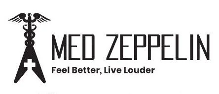 Med Zeppelin logo with a stylized medical caduceus symbol and the slogan "Feel Better, Live Louder"