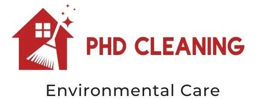 Logo for PHD Cleaning with a house icon and broom, with the text 'PHD CLEANING' and 'Environmental Care'.