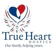 Logo of True Heart Hospice featuring a heart shape intertwined with wings, in red, white, and blue colors, with the slogan 'Our family, helping yours.'