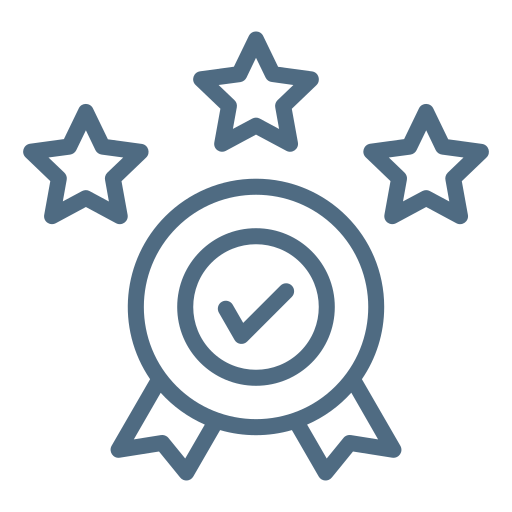 Illustration of a medal with a checkmark, surrounded by three stars, representing achievement or excellence.