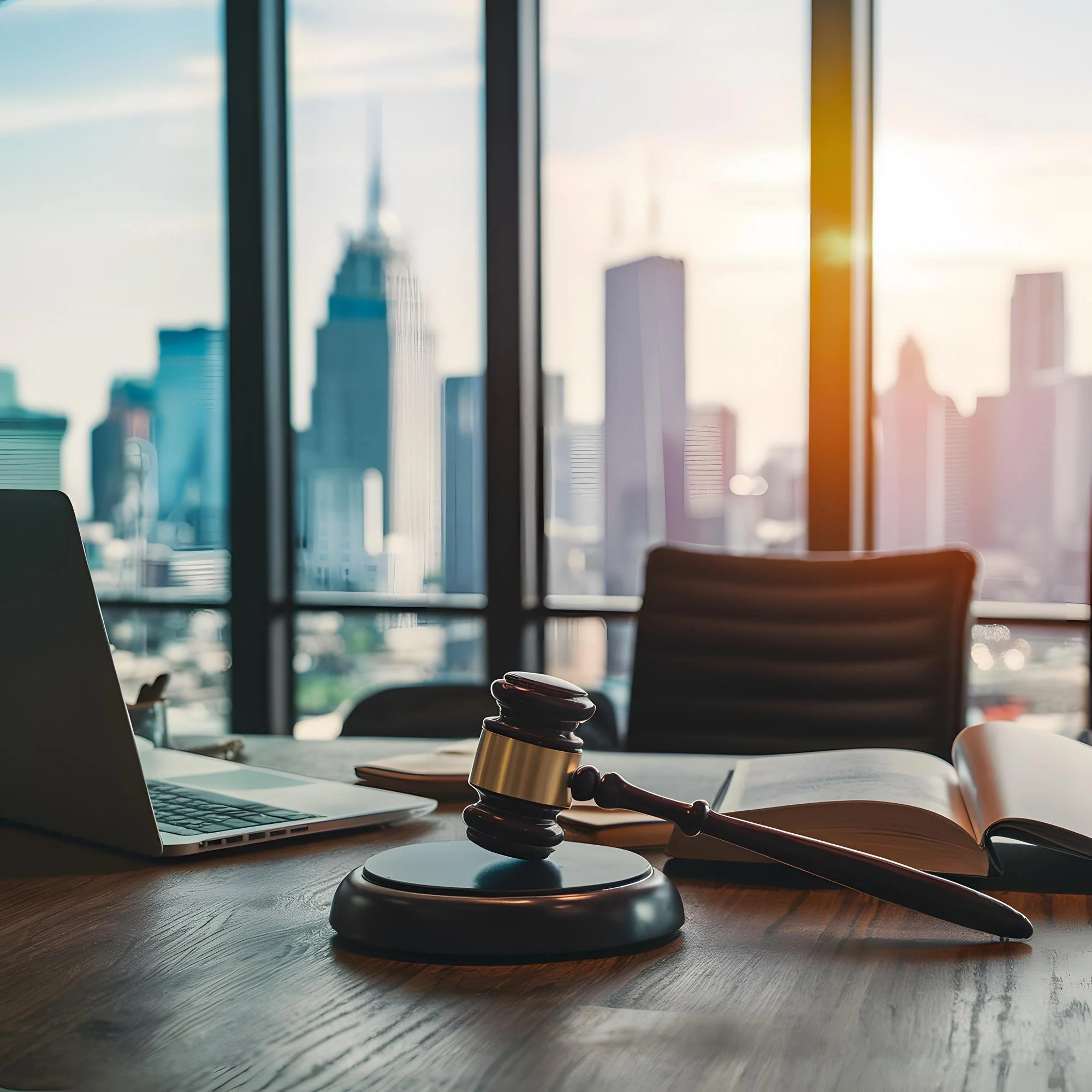 Close-up of a judge's gavel and a block on a wooden desk, with a blurred office setting in the background.