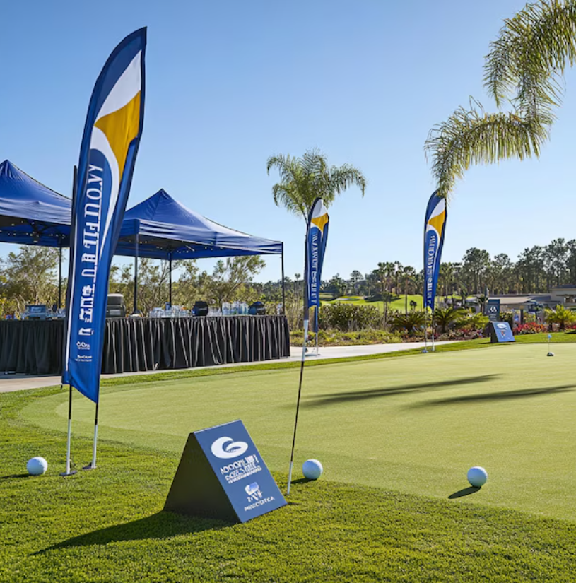 Gated golf driving range with flags, palm trees, and a pavilion tent under a clear sky.