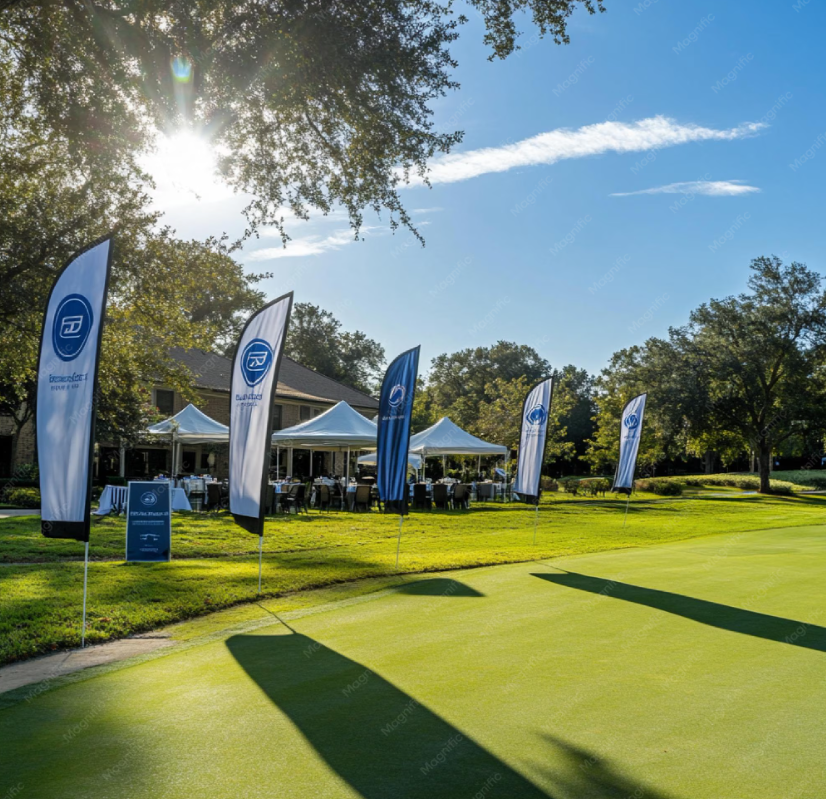 Golf course with green grass, trees, multiple white tents, and banners with a logo, under a bright blue sky with a few clouds, during daytime.