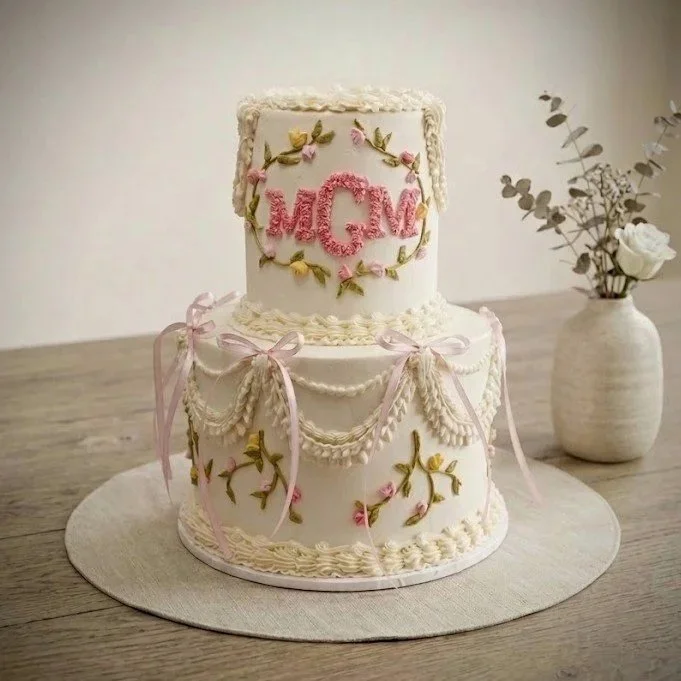 A two-tiered white cake decorated with pink and green piping flowers, pink ribbons, and detailed piped icing. The top tier has the letters "MGM" in pink frosting and small yellow and pink flowers around the letters. The cake sits on a round cloth on a wooden table with a white vase of flowers in the background.