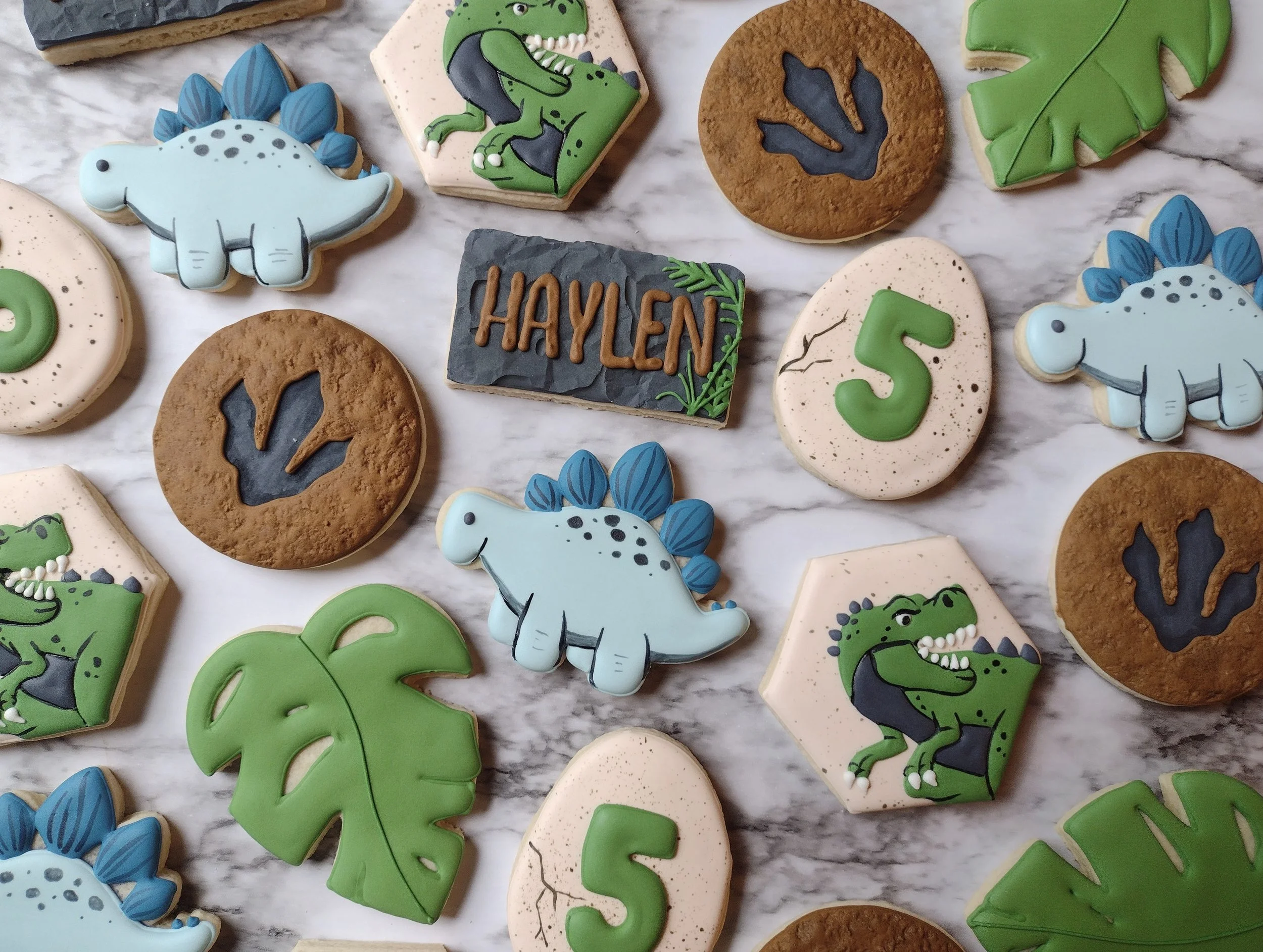 Decorated cookies with dinosaur and jungle themes, including dinosaurs, leaves, and the name "Haylen" on a gray plaque.