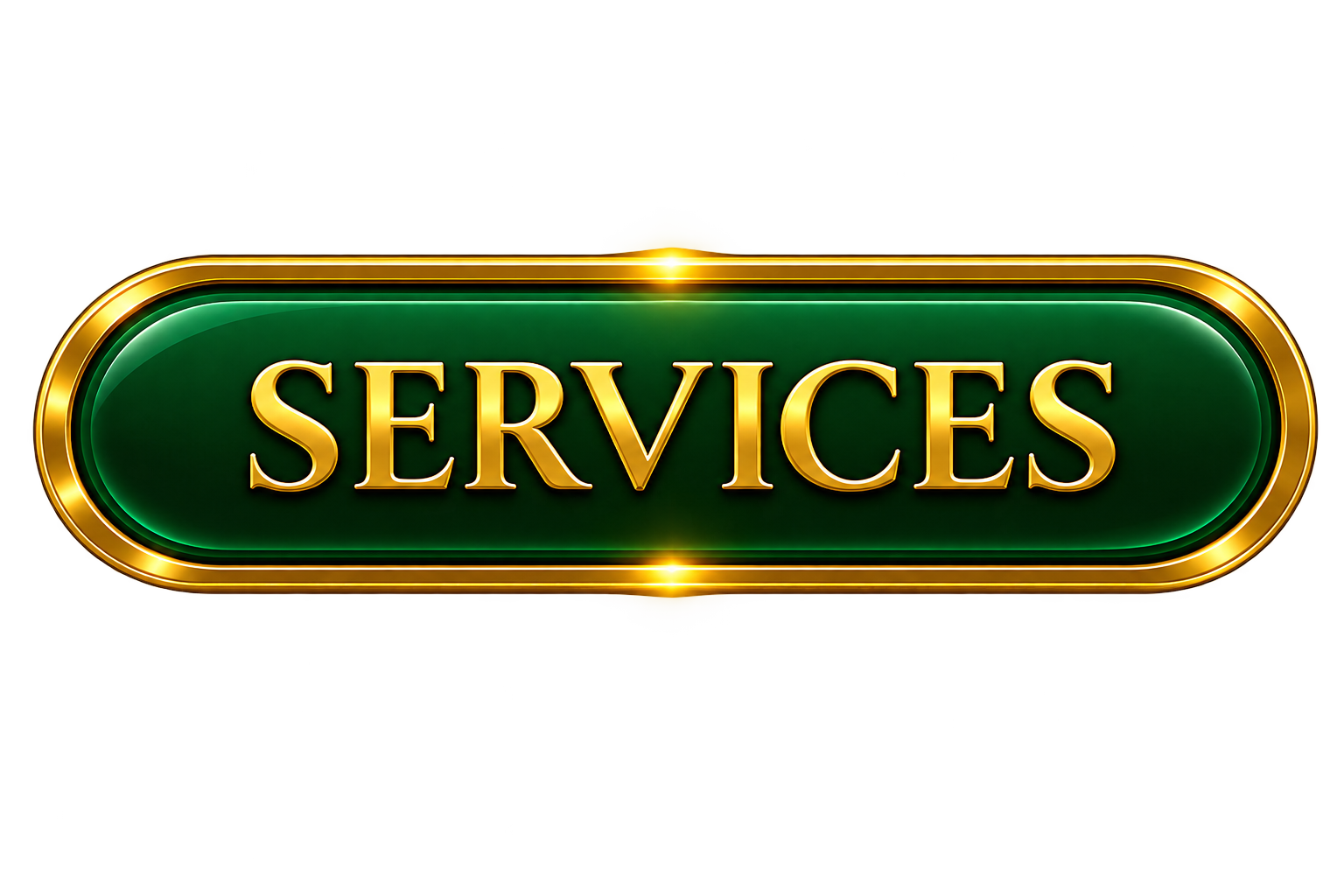 A modern, illuminated green and gold sign with the word 'SERVICES' in gold letters.